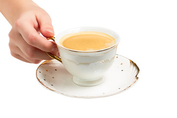 cup of coffee in hand of a woman isolated on white background