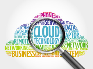 Cloud Technology word cloud with magnifying glass, concept