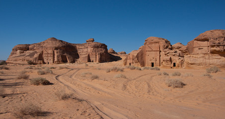 Hegra tombs in Saudi desert near Al-Ula