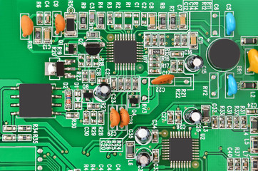 Printed computer motherboard with microcircuit, close up