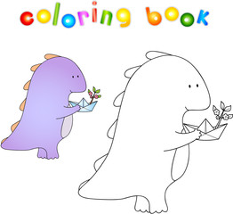 Cute chubby dragon playing with origami paper boat