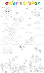 Underwater, sea, sky and space world. Coloring book about our pl