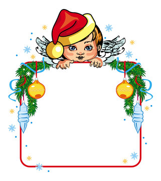 Holiday frame with little angel and Christmas decorations