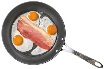 Fried Eggs with Pork Ham Rasher in Teflon Frying Pan, Isolated on White Background.