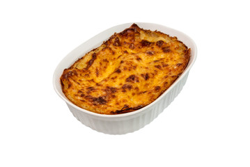 Lasagna in baking dish on a white background