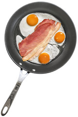 Fried Eggs with Two Pork Ham Rashers in Teflon Frying Pan Isolated on White Background.