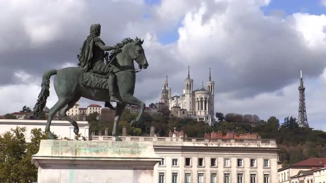 4K Timelapse of Louis XVI statue and Basilique Fourviere on a background, Lyon, France. 