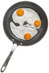 Three Sunny Side Up Fried Eggs, in Teflon Frying Pan, Isolated on White Background.