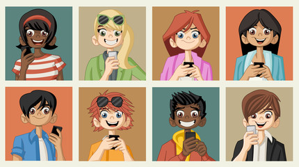 Group of cartoon young people. Teenagers.