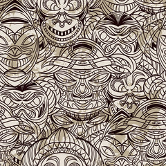 seamless pattern with collection of Tribal mask. Retro hand drawn vector illustration