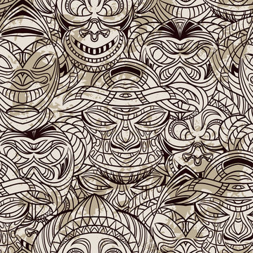 seamless pattern with collection of Tribal mask. Retro hand drawn vector illustration