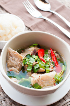 hot and spicy pork rib hot pot with tamarind and Thai herbs
