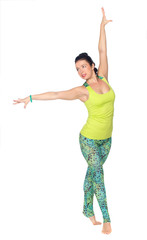Cheerful young exercising woman, isolated over white background