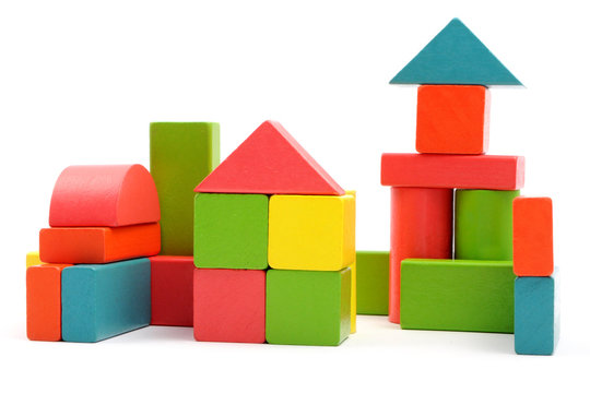 Wooden block: green, red, blue, pink, yellow