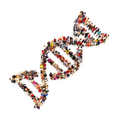 DNA foot print. Large group of people in the shape of a DNA symbol on a white background. Medical DNA ,genealogy, biology concept