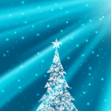Illustrated snowflake Christmas tree with star shape and beautiful bright and shiny blue color background with blurry stars. Christmas Holiday illustration copy space background.
