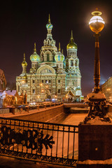 Fototapeta na wymiar Church of the Savior on Blood in Russia, Saint Petersburg. Night time. Winter.
