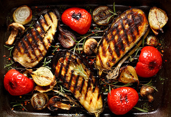 Grilled vegetables: eggplant, peppers, onions, mushrooms