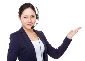 Call center agent with open hand palm