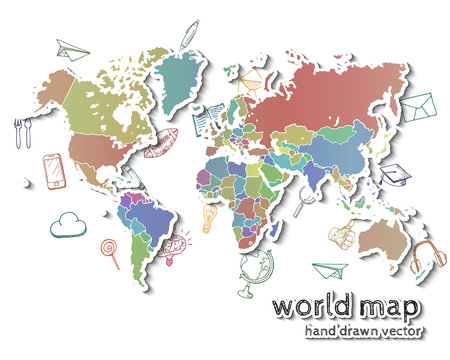 Hand drawn realistic world map.