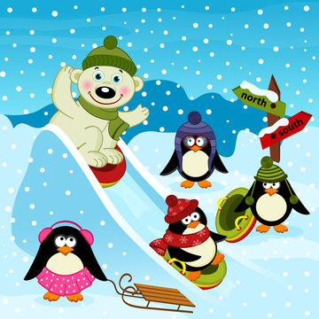 polar bear and penguin on an ice slide - vector illustration, eps