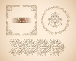Vector set of vintage vignettes in Victorian style. Ornate element for design. Ornamental pattern for wedding invitations, birthday and greeting cards. Set of vignettes and decoration for pages.