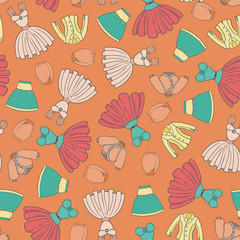 Seamless texture of ladies wear. Vector illustration. Background of women's casual clothes. Pants, shorts, singlet, sweater, jumper, jacket, jeans, dress, blouse, skirt. 