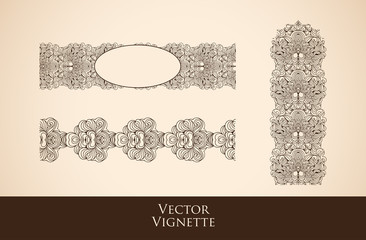 Vector set of vintage vignettes in Victorian style. Ornate element for design. Ornamental pattern for wedding invitations, birthday and greeting cards. Set of vignettes and decoration for pages.