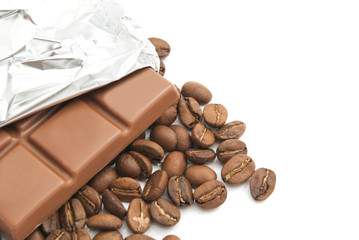 chocolate bar and some coffee beans