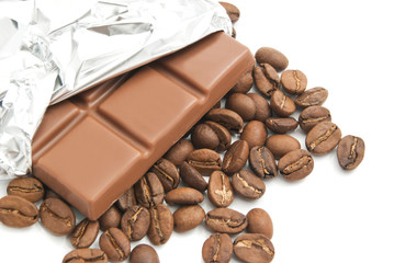 chocolate bar and heap of coffee beans