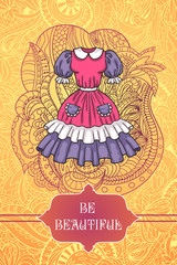 Vector cards design. Hand drawn floral ornaments with dress. Invitation cards with floral elements. Save the date. Party time.