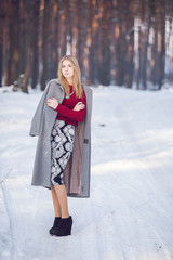 Young beautiful model posing in winter forest. stylish fashion portrait