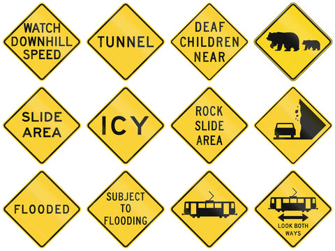Collection of warning signs used in the USA