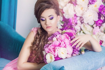 vintage style sensual portrait of beautiful woman on the couch