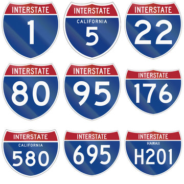 Collection of Interstate route markers used in the USA