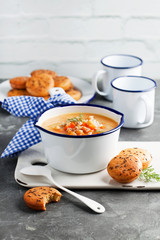 Chickpeas barley soup and scones, selective focus