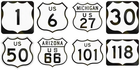 Collection of numbered highway road signs used in the USA