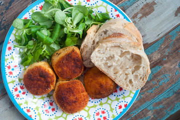Home made fish cakes made from salt cod and potato. Served with fresh, crusty bread and salad.
