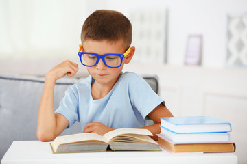 Little boy sitting on sofa with book, on home interior background