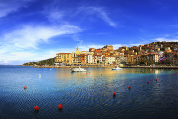 Fototapeta premium Porto Santo Stefano seafront and village skyline. Argentario, Tu