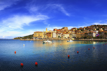 Porto Santo Stefano seafront and village skyline. Argentario, Tu