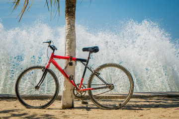 Fototapeta premium Waves splashing red bicycle leaning on palm tree in the beach