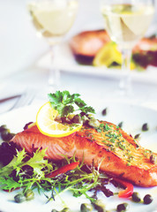 Grilled Salmon Fillet Vegetables Glass White Wine Concept
