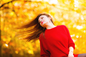 woman fashion girl relaxing walking in autumnal park, outdoor