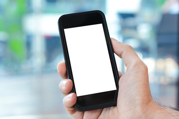 Hand holding smart phone with empty screen