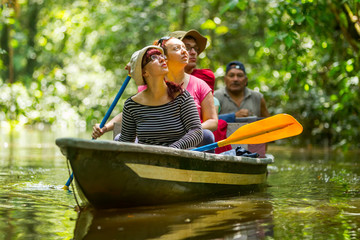 A group of tourists on a boat tour through the lush Amazon rainforest, surrounded by exotic...