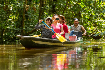 Tourist boat winding its way through the dense murky waters of the Amazonian river in the Cuyabeno...