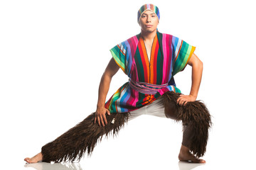 ecuadorian dancer dressed up in popular wear from the hill llama or alpaca pants studio shot...