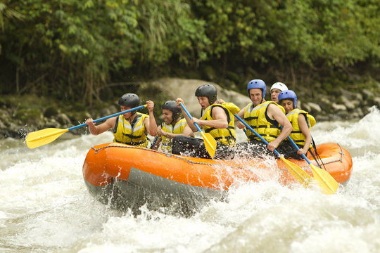 raft water white group activity outdoor river recreation sport ecuador gathering of mixed pilgrim human and femininity with guided by specialist pilot on whitewater creek rafting in ecuador raft wate