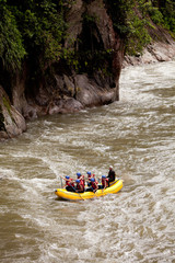 A fearless guide leads a group of adventurers through turbulent white water rapids, relying on...